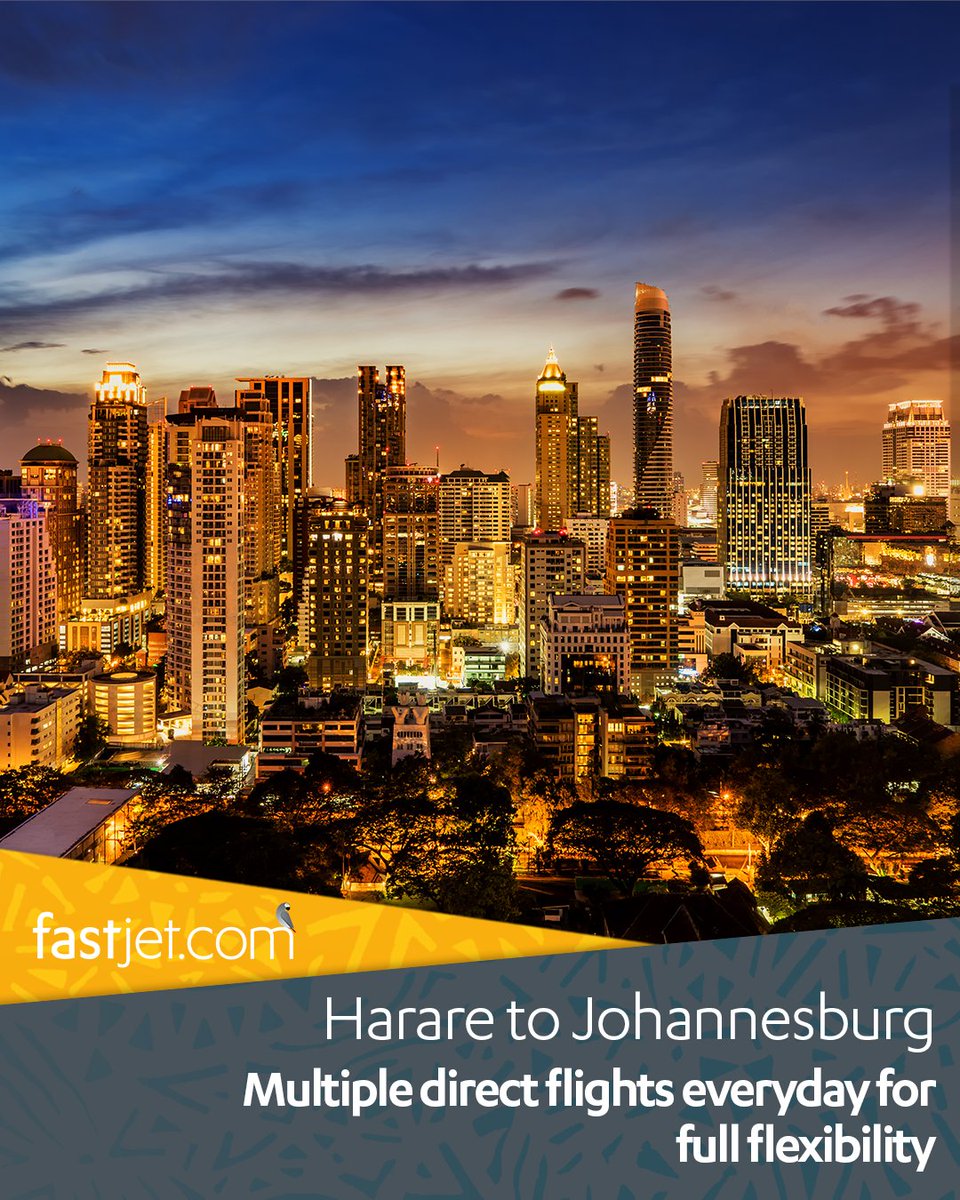 fastjet's tweet photo. Direct flights daily from Harare to Johannesburg. Multiple departures every day to fit your schedule. Book now on our website.
#fastjet
#HarareToJohannesburg
#DirectFlights
#FlyDirect
#TravelMadeEasy https://t.co/nWjJLmsWoV