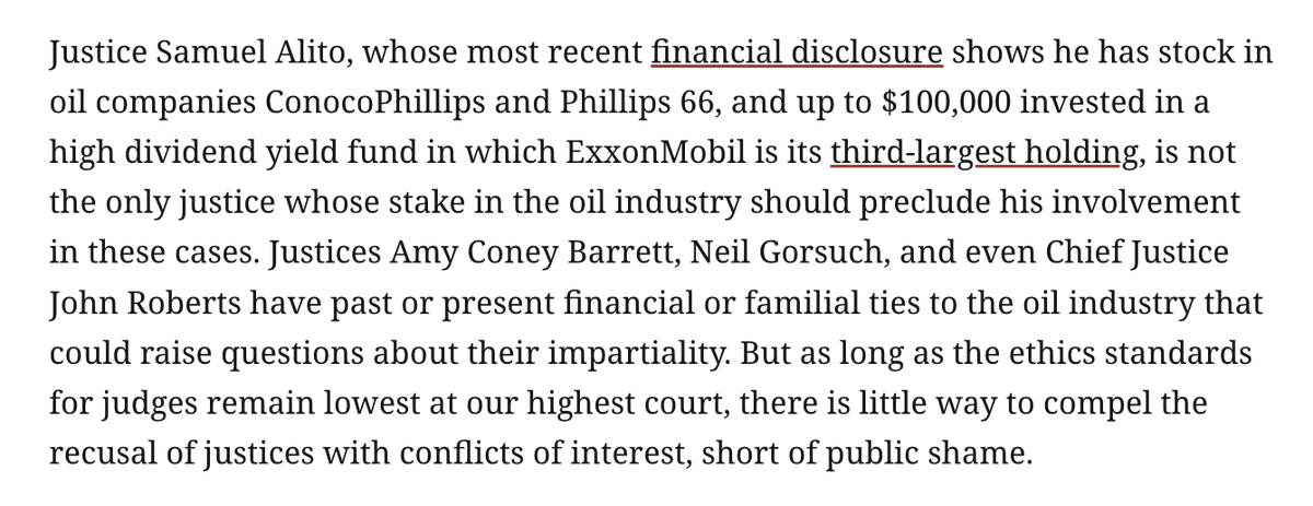 revolvingdoorDC's tweet photo. NEW in @TheProspect this morning from @HannahStoryB: as Exxon once again seeks the help of the Supreme Court to avoid being held accountable for decades of climate deception, Alito isn't the only justice whose oily ties and inconsistent recusals raise serious ethics questions. https://t.co/hxouSw8x5C