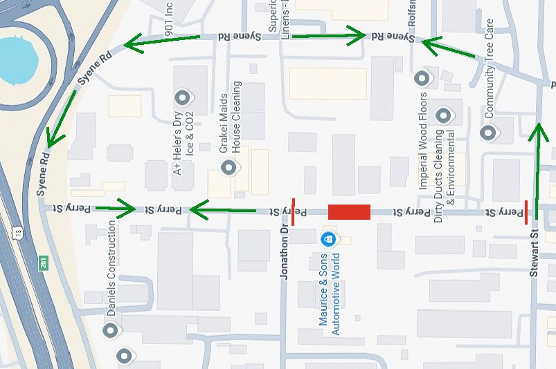From Monday, November 10 until Tuesday, November 11, Perry Street will be closed between Jonathon Drive &amp; Stewart Street by Homburg Contractors for utility installation.

The detour route will be Syene Road. Local access will be maintained on the closed segment of Perry Street.