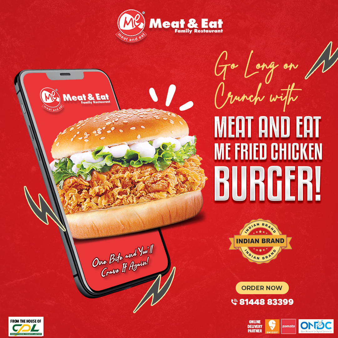 Juicy fried chicken layered in a soft bun with bold flavours.
One bite and you’ll crave it again — only at Meat And Eat! 🍔🔥  
#CrispyChickenBurger #BurgerLove #CrunchyDelight #FoodieCravings #BurgerGoals #TastyBites #ChickenLovers #FoodGoals #MeatAndEat #Burger #ChickenBurger