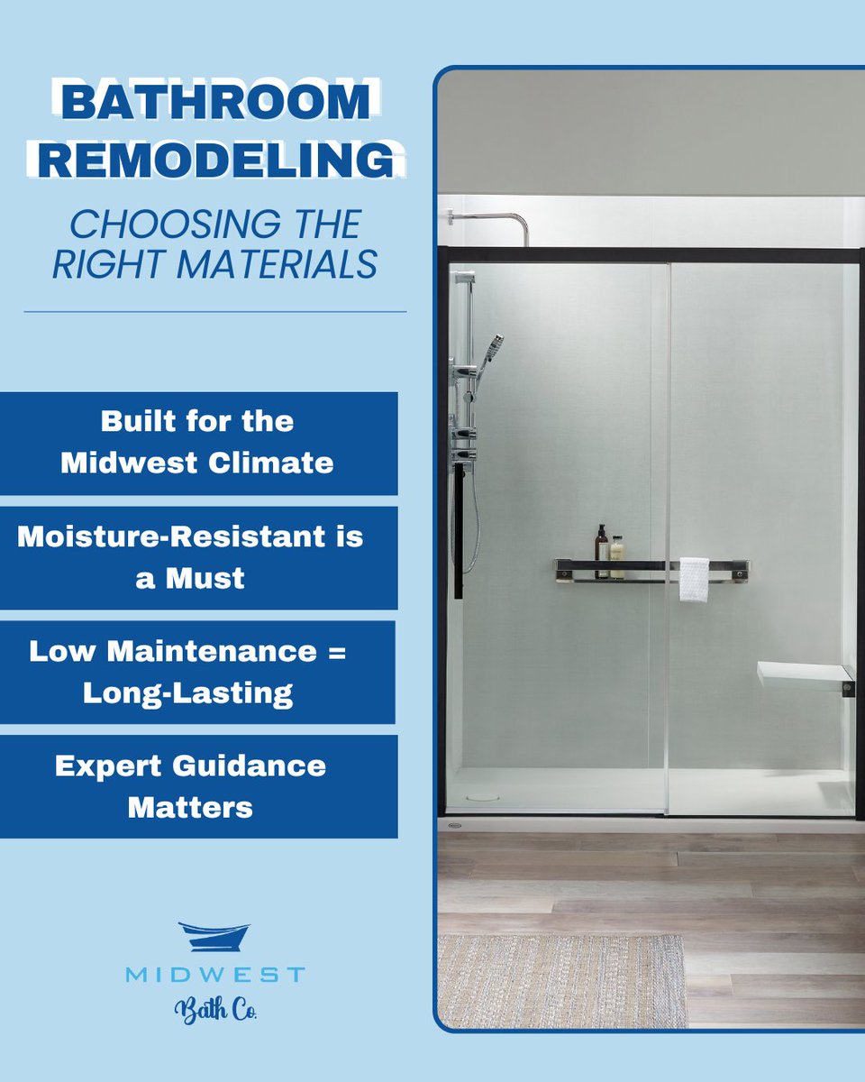 midwestbathco's tweet photo. Midwest weather can be tough on your bathroom, but the right materials make all the difference; Large-format porcelain tiles, quartz countertops, waterproof vinyl, and solid surface shower panels.
Here’s what keeps your space looking fresh year after year:

🌦️ Built for the Midwest Climate
 Cold winters, hot summers, and high humidity can damage standard bathroom materials.
💧 Moisture-Resistant is a Must
 Choose engineered woods, solid surface panels, or high-grade composites to prevent warping and mold.
🛁 Low Maintenance = Long-Lasting
 Non-porous, durable surfaces mean less cleaning and fewer repairs.
🧼 Expert Guidance Matters
 A professional remodeler can help match style with climate-smart durability.

#MidwestBath #BathRemodel #MidwestLiving #Renovation #BathDesign #MoistureResistant #RemodelingTips #BathUpgrade