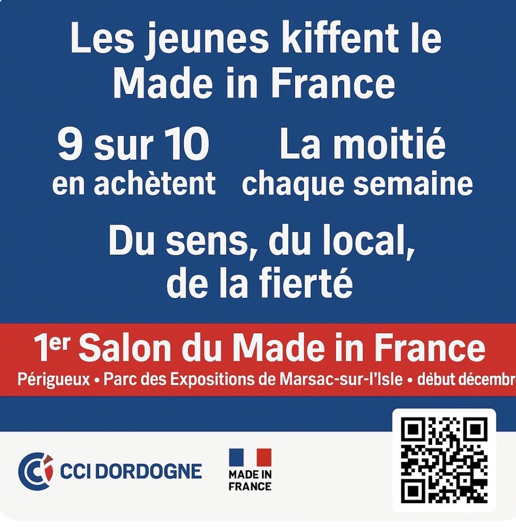 Les jeunes ont tout compris 👇

✅ 9 sur 10 achètent Made in France
✅ 86 % y voient un impact sur l’emploi
✅ 94 % trouvent ces métiers attractifs

Alors, on en parle où ?

➡️ Au 1er #SalonMadeInFrance de Périgueux, début décembre 🇫🇷

#CCIDordogne #MIF #EntreprendreLocal
