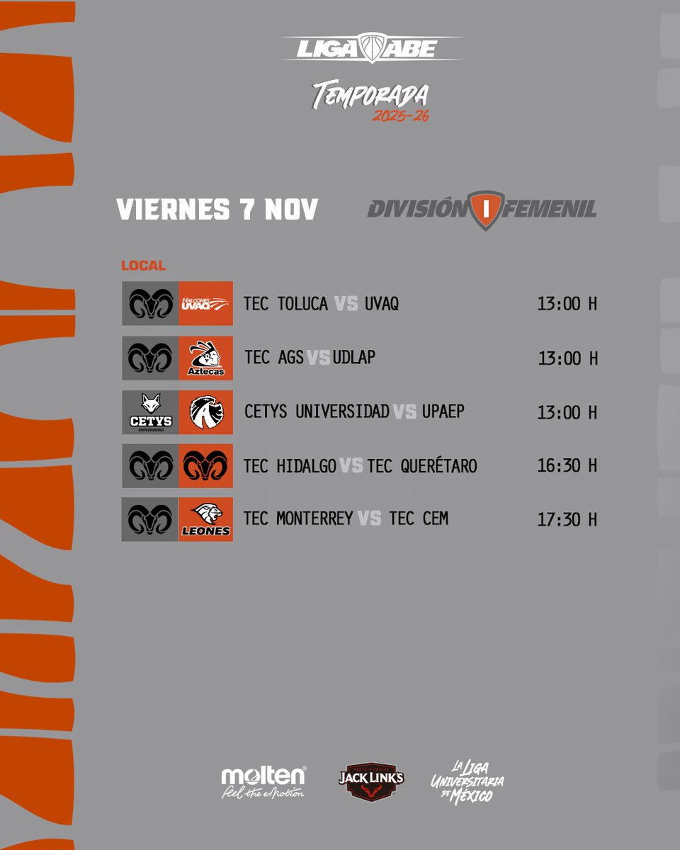 🗓️ #AgendaABE DI Femenil.

Resultados y Estadísticas en abemexico.org
#LigaABE | #MoltenMéxico | #JackLinksLatam