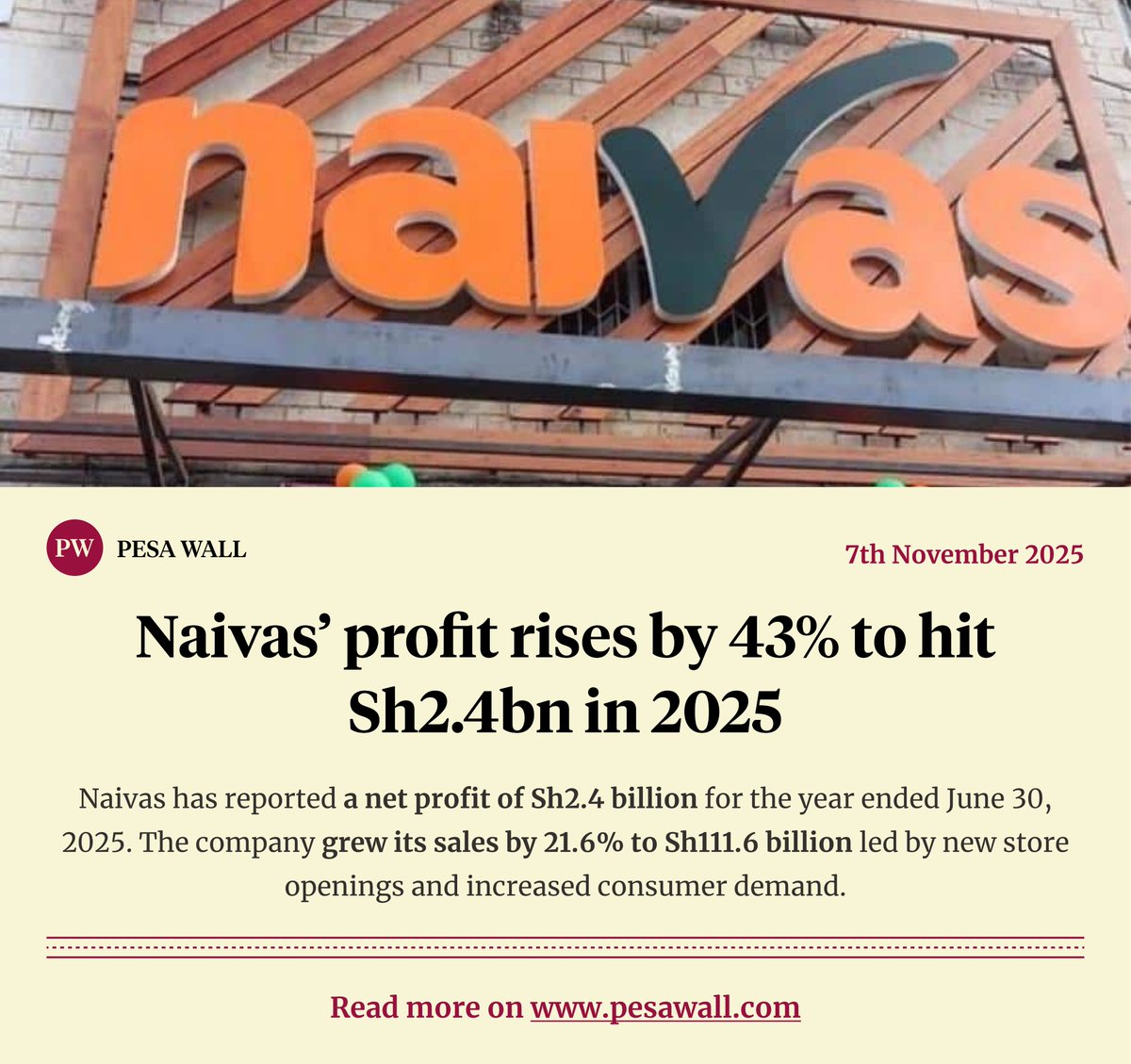 PesaWall's tweet image. Naivas has reported a 43% growth in net profits to Sh2.4bn in 2025.

—Sales: +21.6% to Sh111.6B
—Expenses: +21.2% to Sh109.2B
—Net profit: 43.4% to Sh2.4B
—Assets: +17.6% to Sh58.5bn