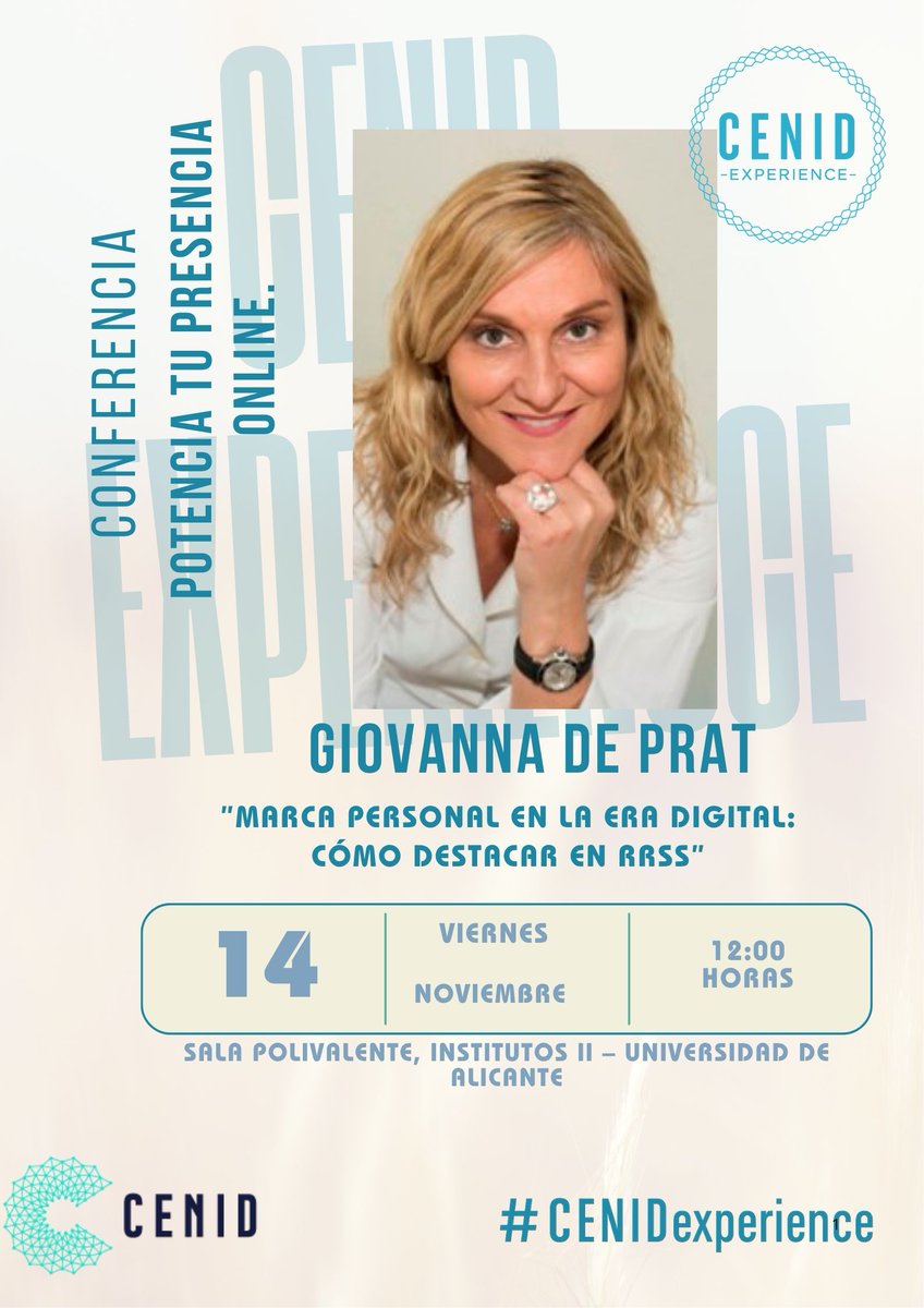 💠 El 14 de noviembre llega una nueva sesión de #CENIDexperience 
🎤Con <a href="/giovannadprat/">giovanna de prat</a>
“Marca personal en la era digital: cómo destacar en RRSS” 📍<a href="/UA_Universidad/">Universidad de Alicante UA</a>
Organiza: <a href="/Cenid_Alicante/">CENID</a>
#GPLSI #ComunicaciónDigital #MarcaPersonal