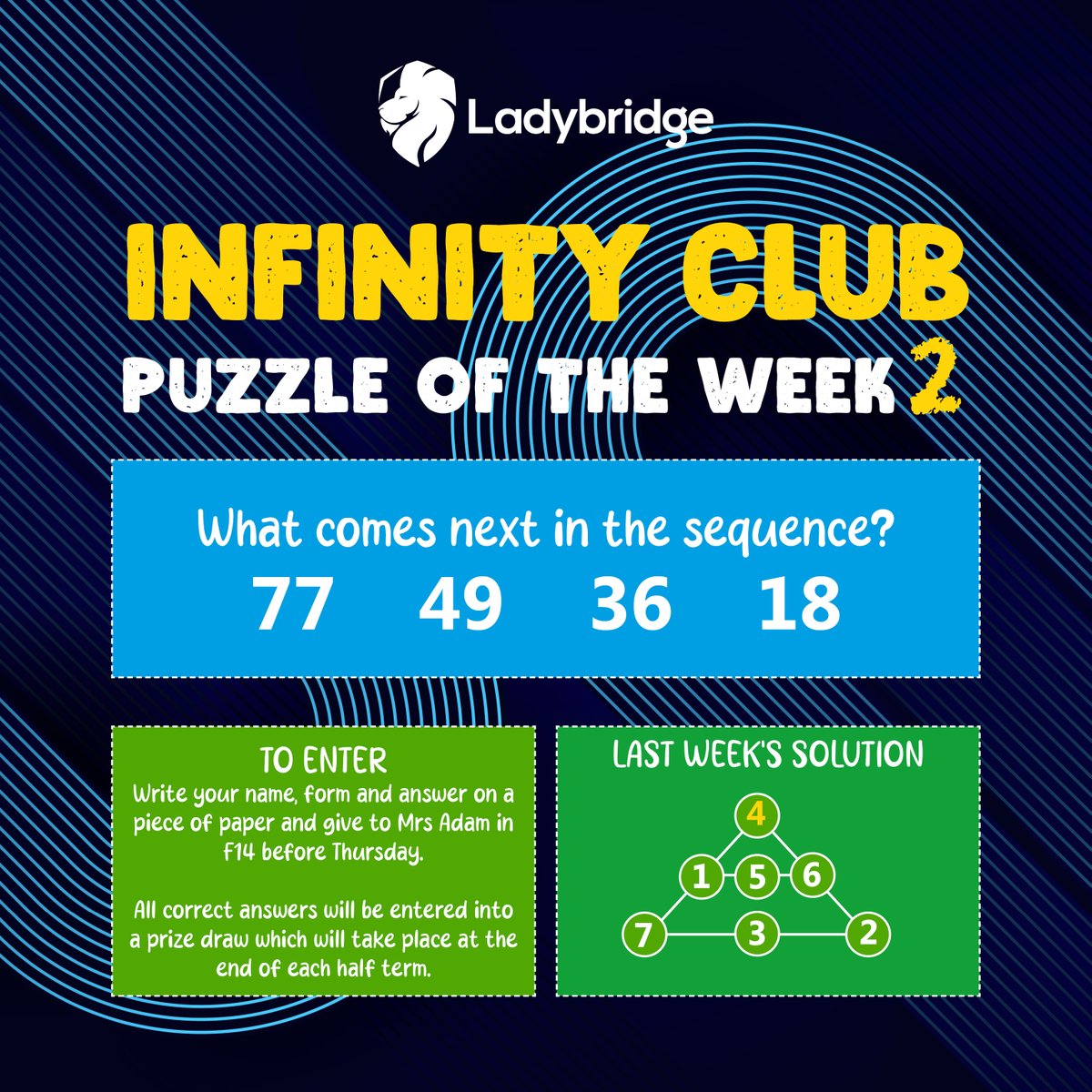 LadybridgeHigh's tweet image. Here&apos;s a @LadybridgeMaths conundrum for the weekend! 🤔Answers next week! 
Don&apos;t forget we have our #maths Infinity Club for years 7-9 every Tuesday lunchtime in F14 ♾
#mathspuzzle #puzzleoftheweek #infinityclub #lovemaths