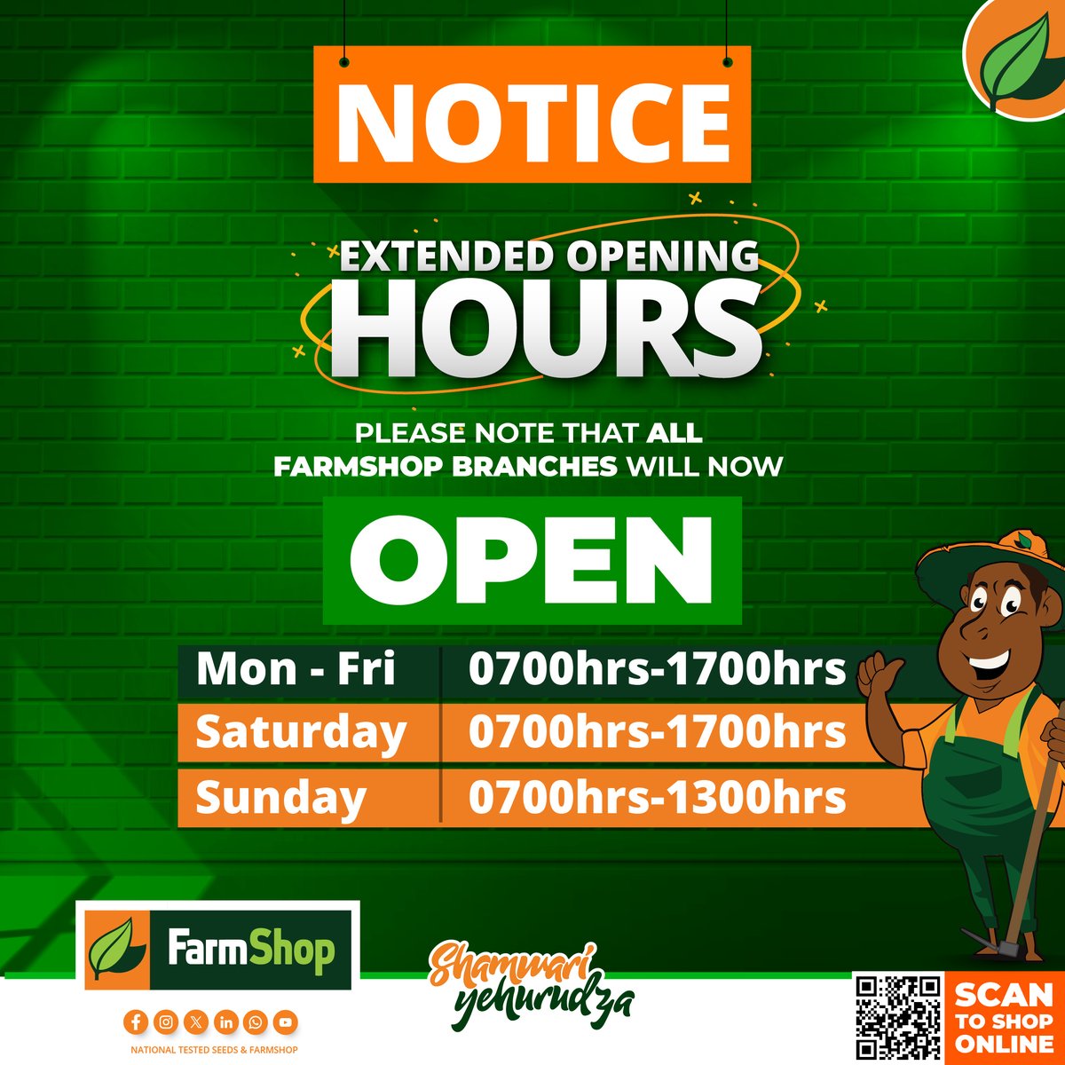 farmshopZW's tweet image. Exciting News, Farmers! 🕒 

All FarmShop branches now have extended operating hours — giving you more time to shop for all your farming essentials. 

Visit your nearest FarmShop today and take advantage of the new schedule!  

#ExtendedHours #ShamwariYeHurudza #SeedOfChampions