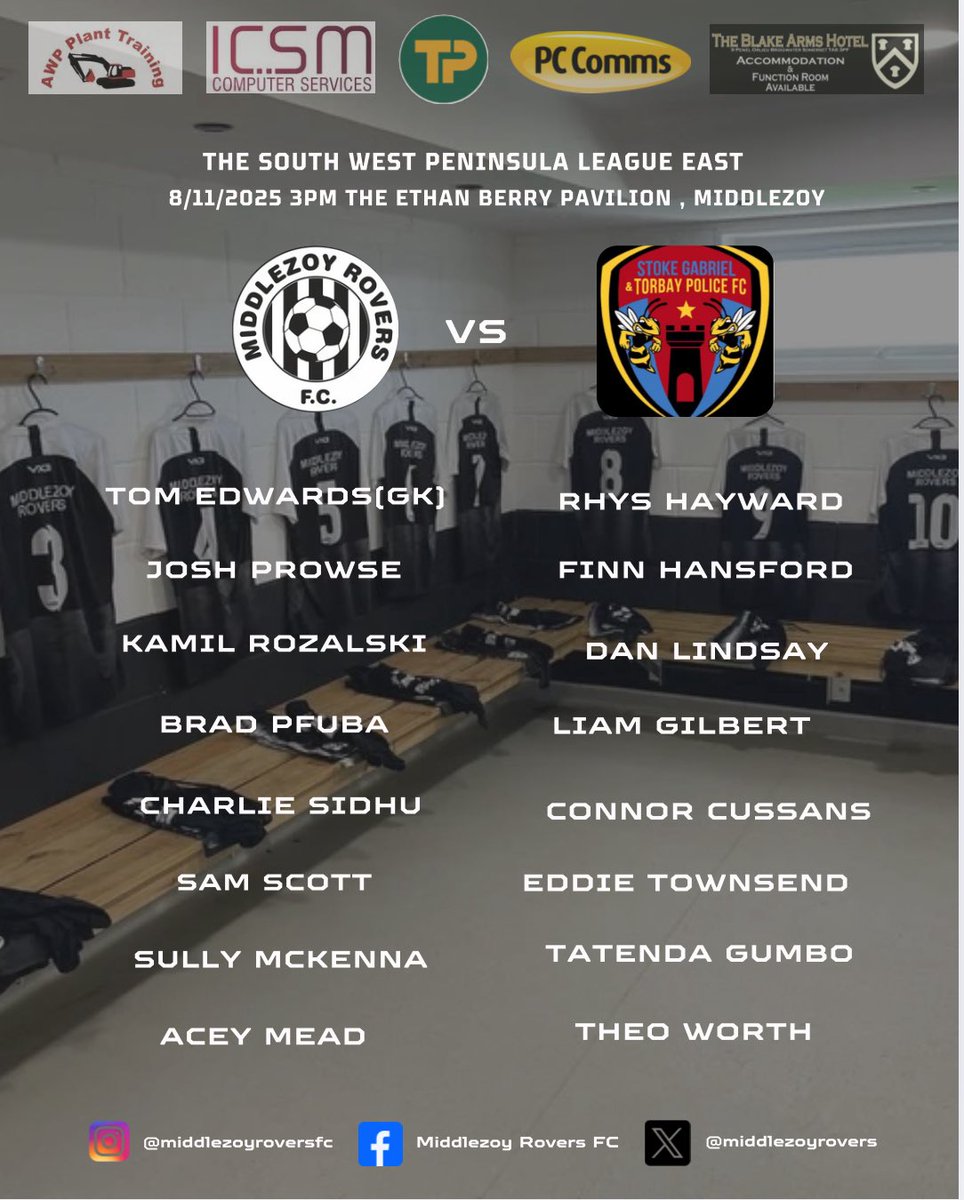 First team squad for tomorrow’s home  game against <a href="/stokegtpolicefc/">Stoke Gabriel & Torbay Police FC</a> , hoping to continue the good form but up against a very good side. Bar will be open also with food being served . All support will be very welcome. Come see local lads playing local football <a href="/swsportsnews/">South West Sports News</a>