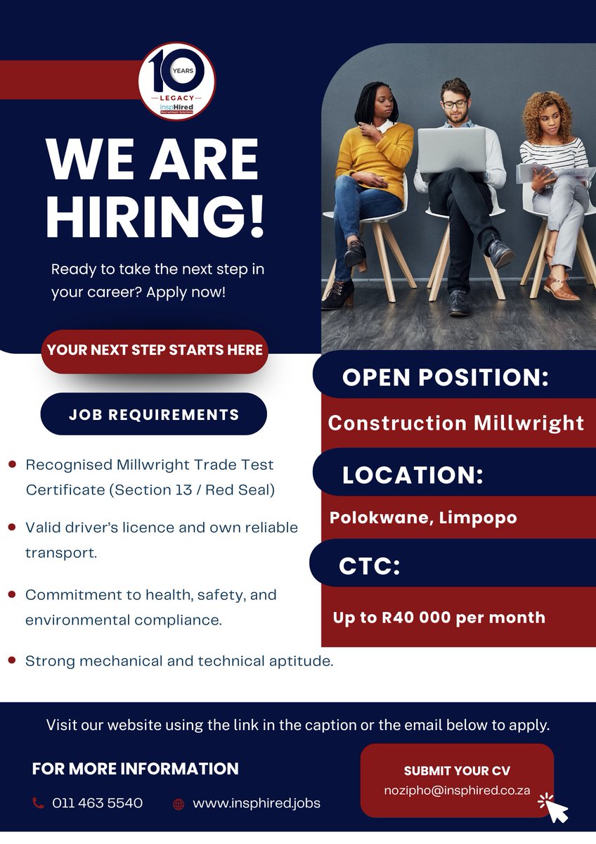InspHiredSA's tweet image. Our client in the Construction industry is currently looking for a Construction Millwright, in Polokwane, Limpopo.

Apply via the link below:
connect.insphired.jobs/jobs/job_detai…

#Construction #Millwright #JobsInPolokwane #Limpopo