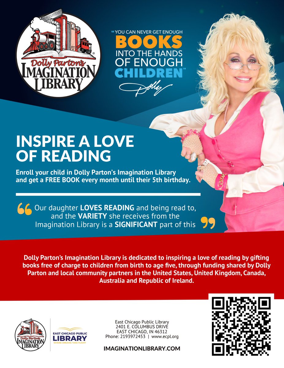 ECPublicLibrary's tweet image. 📚 The East Chicago Public Library is excited to introduce Dolly Parton’s Imagination Library!
Enroll your child and they’ll receive a FREE book every month until their 5th birthday! Inspire a lifelong love of reading from the very start. 💕