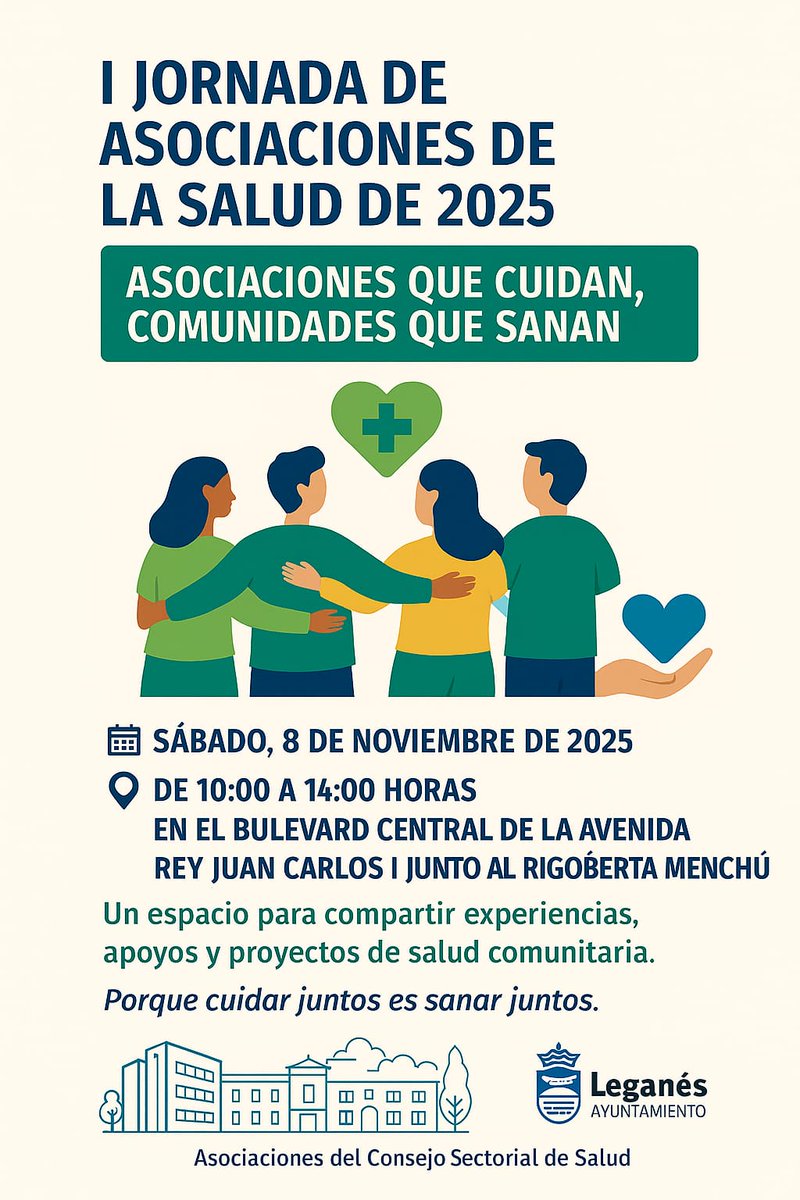 rehabictus's tweet photo. 1ª Jornada de Asociaciones de Salud 2025.

Os dejamos los datos mas importantes:

 ✔️Sábado 8 de noviembre. De 10:00 a 14:00 horas.

📍 En el bulevar central de la avenida Rey Juan Carlos I - Junto al Rigoberta Menchú.

 Participaremos junto a otras asociaciones salud. https://t.co/dVLDgz3CX0