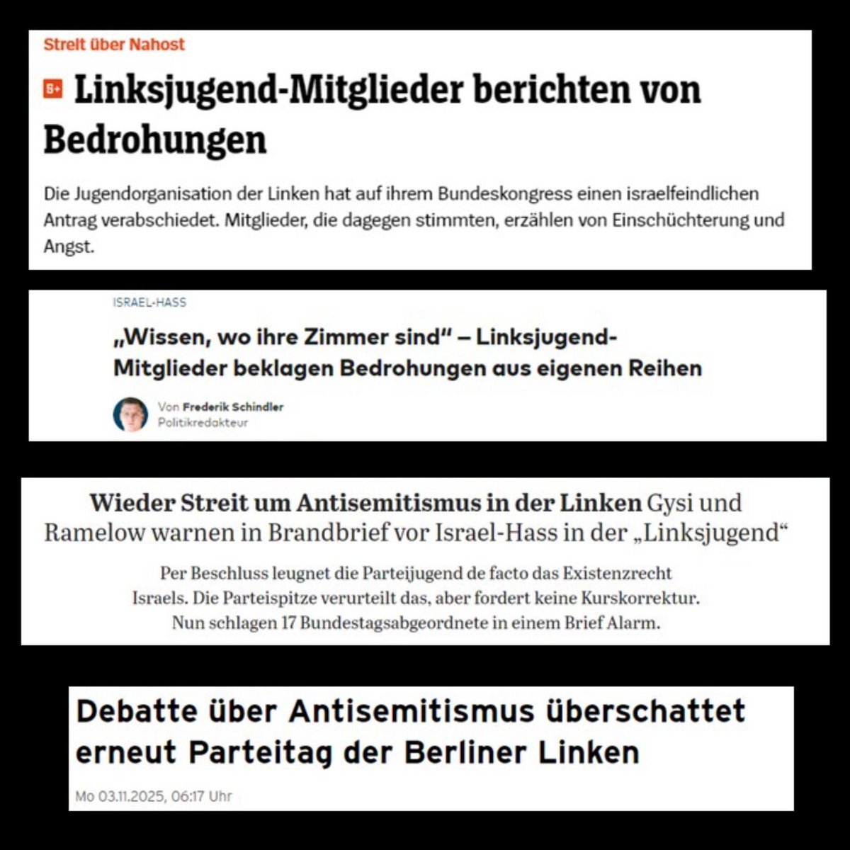 Die rote Linie ist überschritten. Die Jugend der Linkspartei offenbart das wahre Gesicht des linken Antisemitismus, der sonst gut verborgen bleibt.

Mit der Rechtfertigung von Terror, dem Ignorieren von Antisemitismus und der Leugnung des Existenzrechts Israels hat die