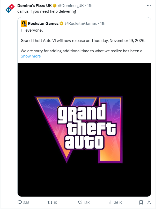 Domino's UK just taught a masterclass in contextual marketing. Zero budget, 100% virality. Leveraging the GTA VI hype with a perfectly timed delivery pun. This is how you win the feed.
🎮
#GTA6 #GTAVI #RockstarGames <a href="/Dominos_UK/">Domino's Pizza UK</a>
