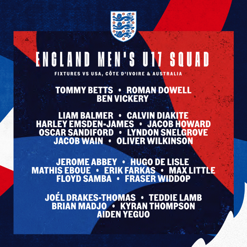 England's tweet photo. Here is the U17 #YoungLions squad selected for this month! 💪
