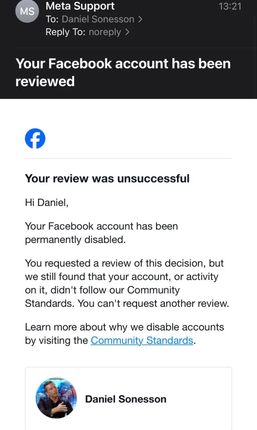 MEDs partiledare @danielsonesson har blivit permanent bannad av Facebook inför valåret - helt utan förklaring.

Techjättarnas försök att påverka Sverige skyr inga gränser, och nu är MED i kontakt med SÄPO om otillbörlig valpåverkan. Ja, du läste det där rätt. Fler måste se detta.