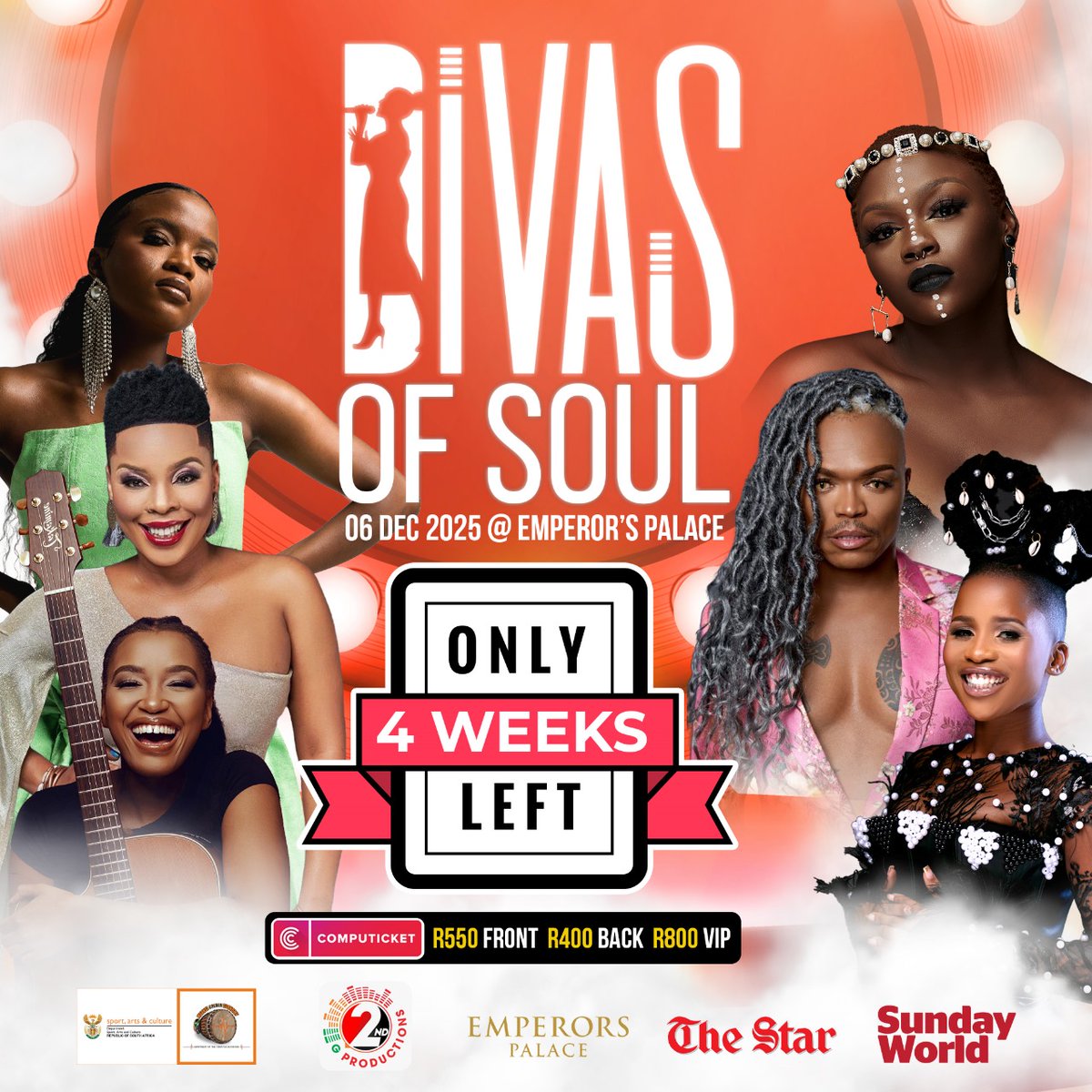 DivasOfSoul2025's tweet photo. The countdown has begun! In just 4 weeks, the soul queens will set the stage on fire at Emperors Palace. Which performance are you counting down to most? Amanda? Ami? Berita? Lwah? Somizi?

Tickets available now at Computicket. https://t.co/K8oRvclBG1

#DivasOfSoul2025 https://t.co/utR4SZDC4h