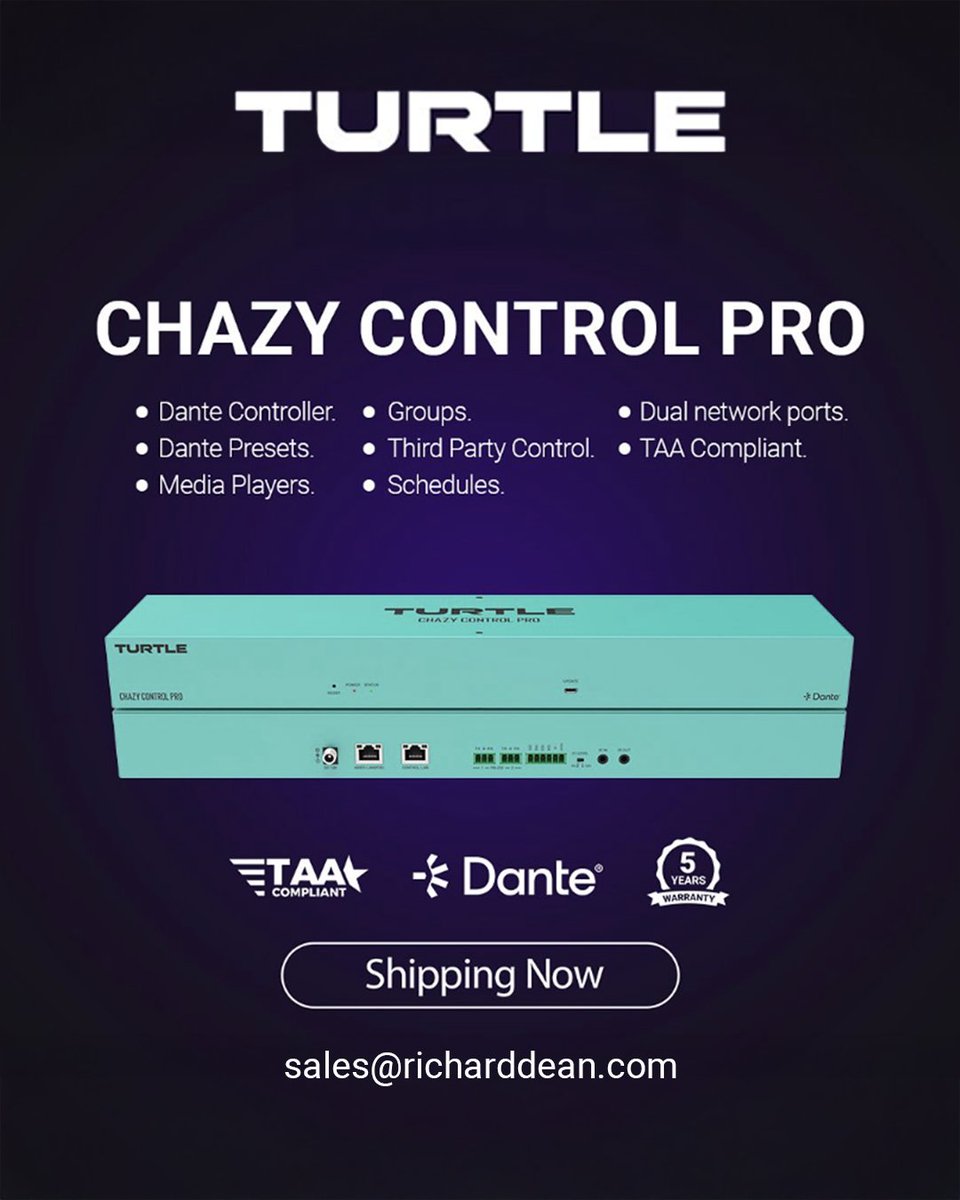 richarddeanasc's tweet image. Now Shipping! Chazy Control Pro puts full Dante Controller functionality directly into hardware, with advanced API support for Q-SYS, Crestron, Extron, AMX, Control4, and more. zurl.co/btBco 
#Turtleav #chazycontrolpro #DanteController #Dante