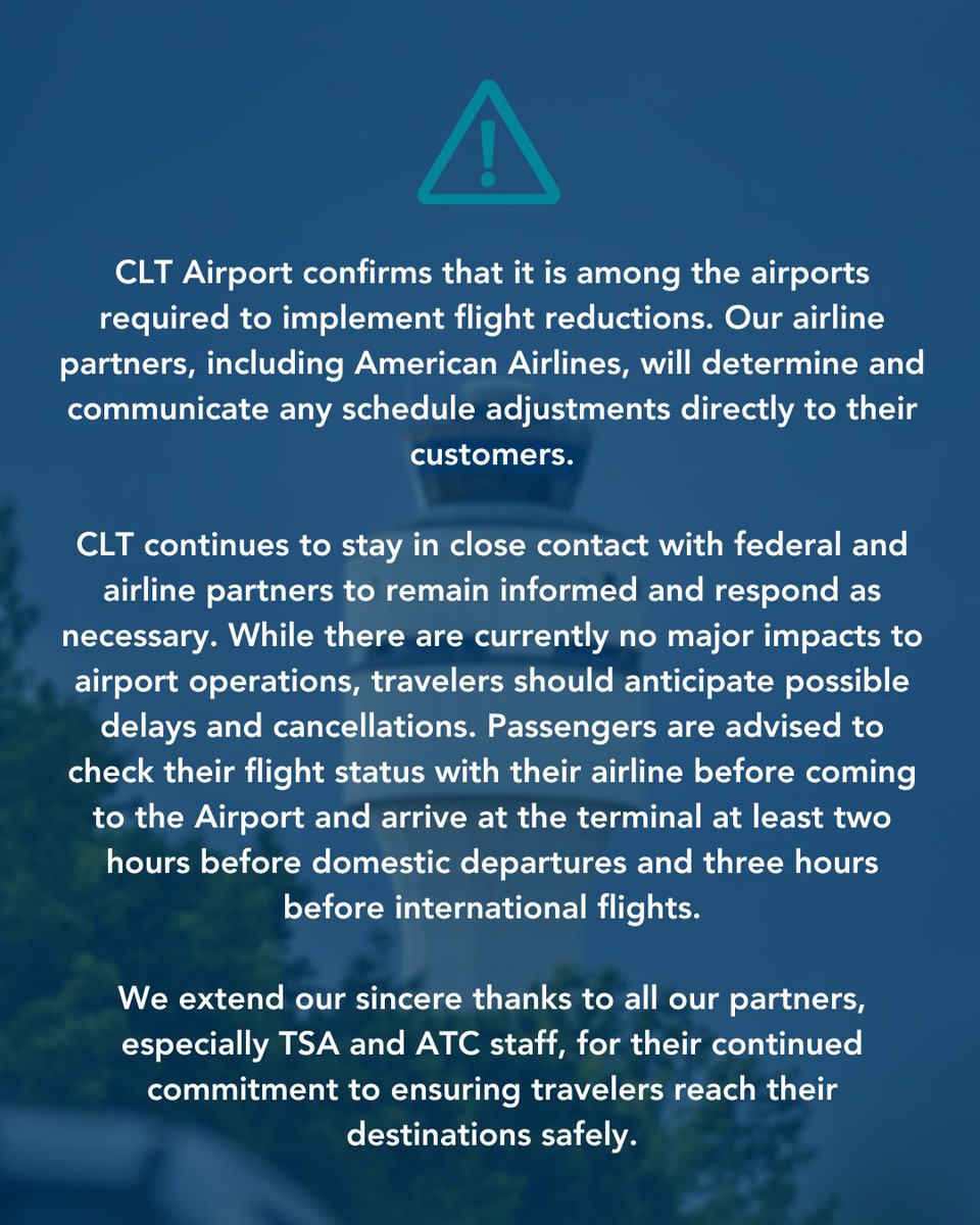 CLTAirport's tweet image. CLT Airport confirms that it is among the airports required to implement flight reductions. Our airline partners, including American Airlines, will determine and communicate any schedule adjustments directly to their customers.
 
CLT continues to stay in close contact with…