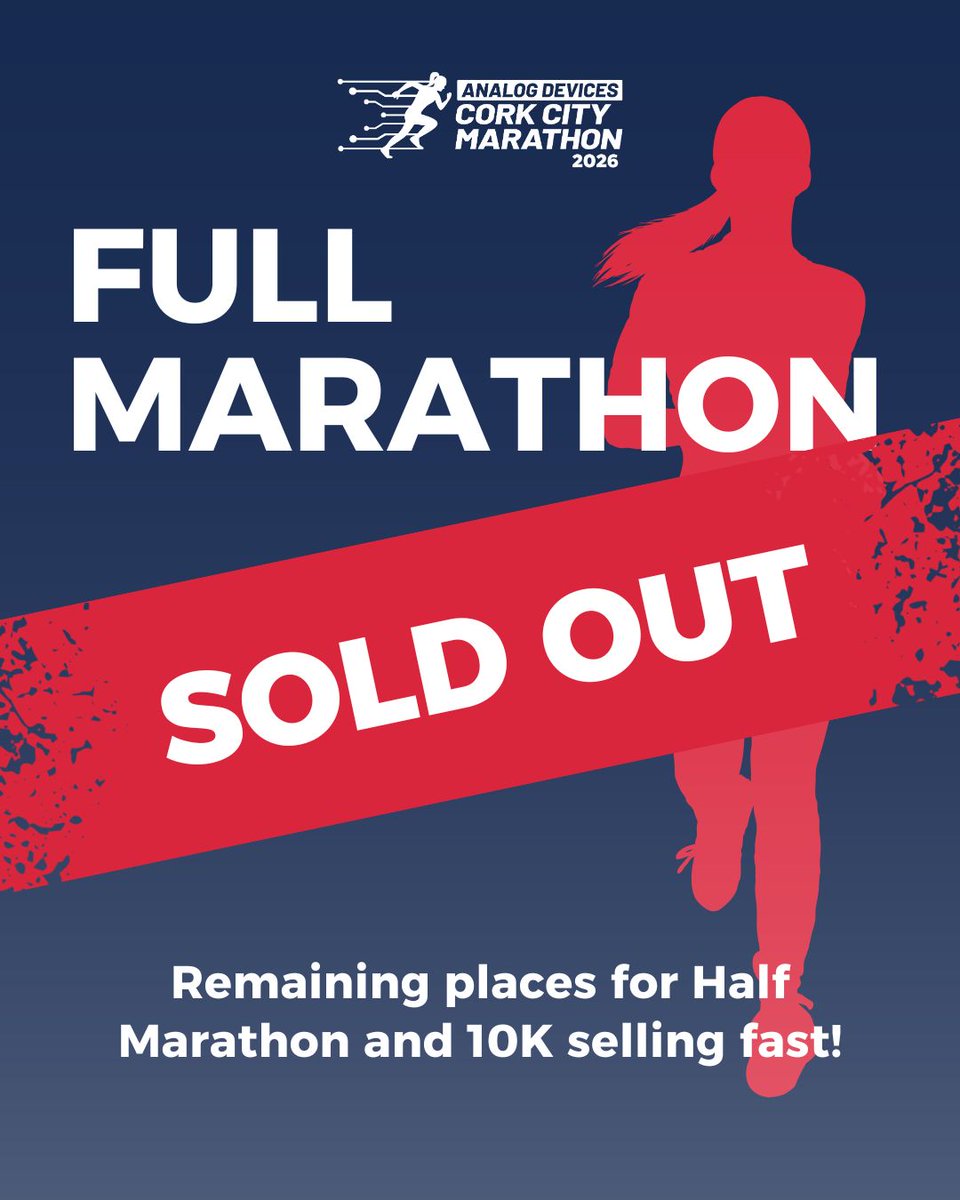 𝐓𝐡𝐞 𝐀𝐧𝐚𝐥𝐨𝐠 𝐃𝐞𝐯𝐢𝐜𝐞𝐬 𝐂𝐨𝐫𝐤 𝐂𝐢𝐭𝐲 𝐅𝐮𝐥𝐥 𝐌𝐚𝐫𝐚𝐭𝐡𝐨𝐧 𝐨𝐧 𝐌𝐚𝐲 𝟑𝟏𝐬𝐭 𝐡𝐚𝐬 𝐒𝐎𝐋𝐃 𝐎𝐔𝐓!

⚠️Places in the Half Marathon which doubles up as the National Half are also almost gone⚠️

Register while you can:  eventmaster.ie/event/w1PJiPyS…

#IrishRunner