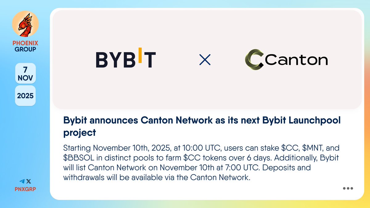 🔥 @Bybit_Official announces @CantonNetwork as its next Bybit Launchpool  project Starting November 10th, 2025, at 10:00 UTC, users can stake $CC,  $MNT, and $BBSOL in distinct pools to farm $CC tokens over