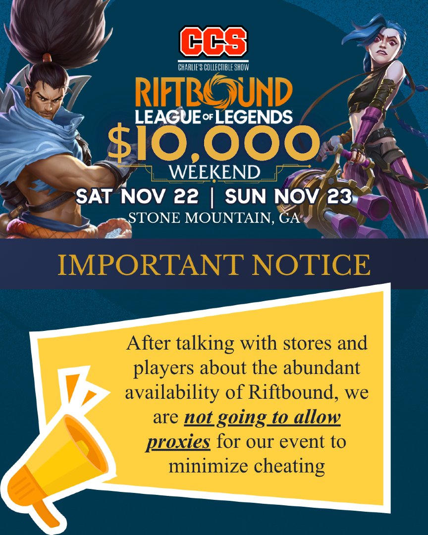 🚨 Early Bird Ends Soon! Save $15 TODAY!! 🚨

Be part of our CCS Riftbound’s first chapter!!💥 $10,000 GUARANTEED prize pool — your chance to make history starts here. 🏆

🗓️ Nov 22–23 | Stone Mountain, GA
🎟️ $60 Entry by Oct 8th! $75 after
👉 Sign up now: topdeck.gg/event/ccs-rift…
