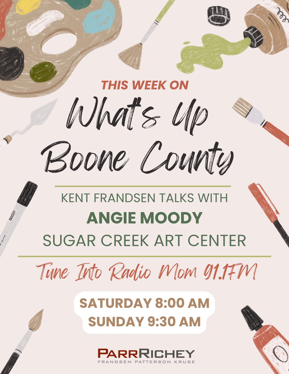 🎙️Catch this week’s episode of What’s Up Boone County on Radio Mom 91.1 FM

Kent Frandsen of Parr Richey talks with Angie Moody about the Sugar Creek Art Center in Thorntown.

📅Saturday 8:00 AM
📅Sunday 9:30 AM
#RadioMom #WhatsUpBooneCounty #ParrRichey
