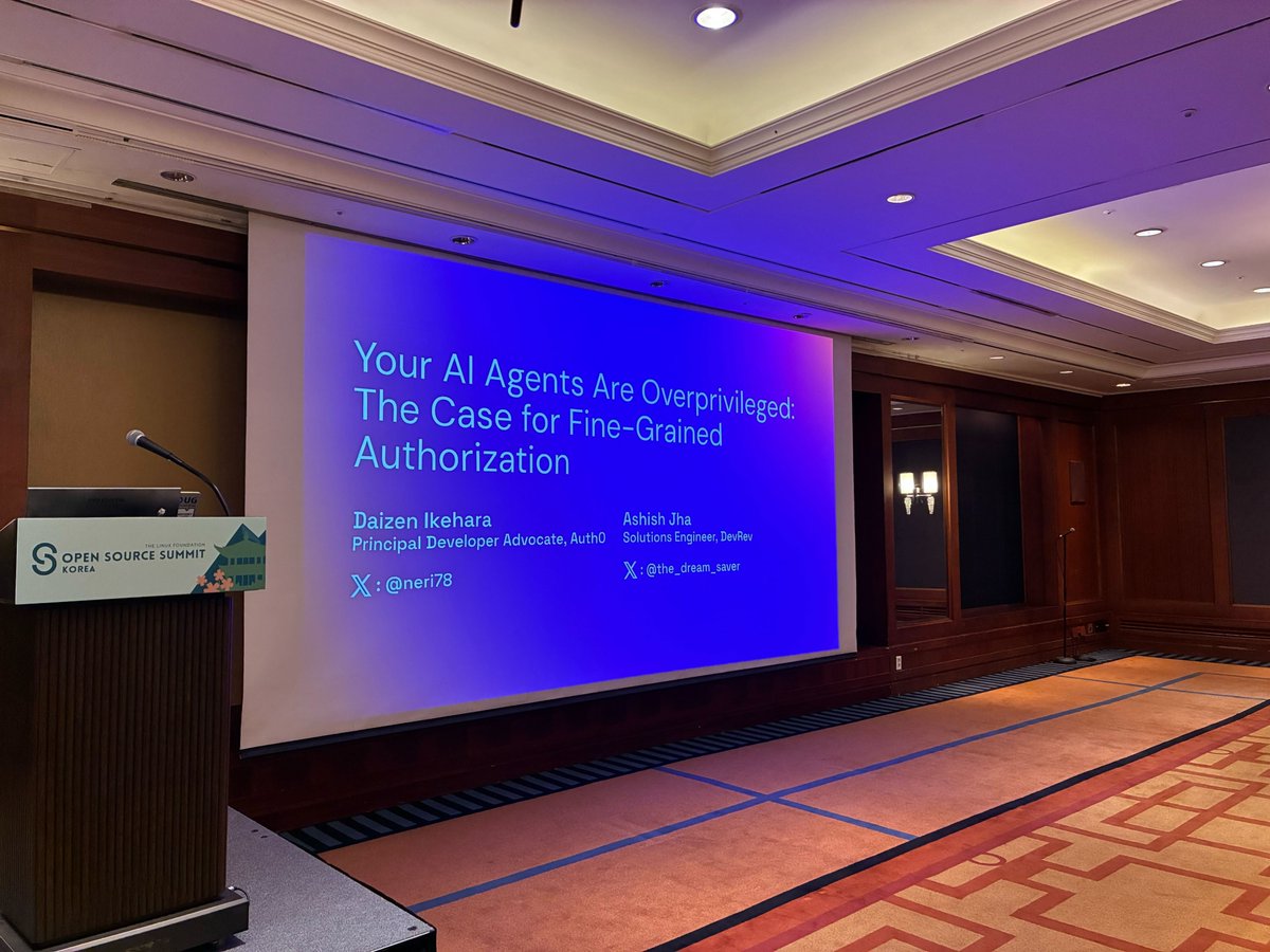 the_dream_saver's tweet photo. I couldn't be at #OSSummit Korea 🇰🇷 this year, but I'm thrilled my talk on FGA for AI agents was presented.
Thank you 🙏 to the amazing @Neri78 from @auth0 for stepping in, and to the wonderful Korean OSS audience for attending! 🤖
@OpenFGA #AI #Security #FGA #OpenFGA #Agents https://t.co/jAYjqSI5tx
