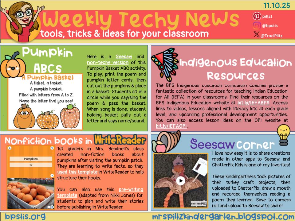TraciPiltz's tweet image. 🎃Pumpkin ABCs printable &amp;amp; @Seesaw  activity
🍂 Indigenous education resources &amp;amp; ideas
📙 Create nonfiction books in @WriteReaderApp 
🦃 Use @ChatterPixIt  to retell, read and share learning, then save to Seesaw!
​Have a great week! 🥳
➡️bit.ly/3WJs5OV