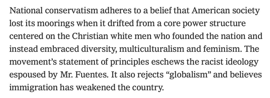 This may be the most idiotic paragraph published in the New York Times this year. Grammatically wrong (people adhere to beliefs, ideologies don't), false claim in sentence one, evidence proving the claim false in sentence two.

But what else would you expect from the NYT's