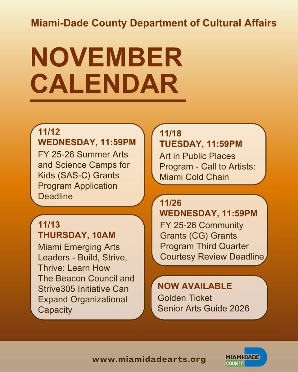Mark your calendar and note key cultural arts events and opportunities with the Miami-Dade County Department of Cultural Affairs in the month of November!

miamidadearts.org

#November #OurCounty #MiamiDadeArts