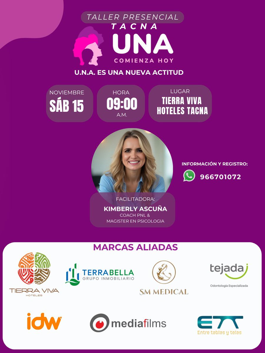 radiouno_pe's tweet image. 👩‍🦰#Tacna│ Taller #UNA, solo para #mujeres que quieran cerrar este año de manera diferente. 
🗓️Sábado 15 de noviembre desde las 9:00 a. m. (almuerzo en grupo en La Peña Restaurante-frente al Hotel)
📲Más información en comienzahoy.org.pe o al WhatsApp 966 701 072 o al 952