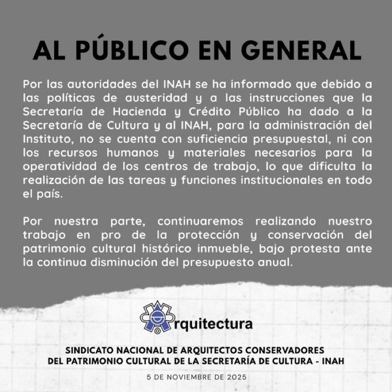 El sindicato nacional de arquitectos conservadores del patrimonio cultural de la <a href="/cultura_mx/">Secretaría de Cultura</a> e <a href="/INAHmx/">INAH</a> informan:
<a href="/Claudiashein/">Claudia Sheinbaum Pardo</a> <a href="/ccurieldeicaza/">Claudia Curiel de Icaza</a> 
#MasRecursoMenosDiscurso #INAHenCrisis
