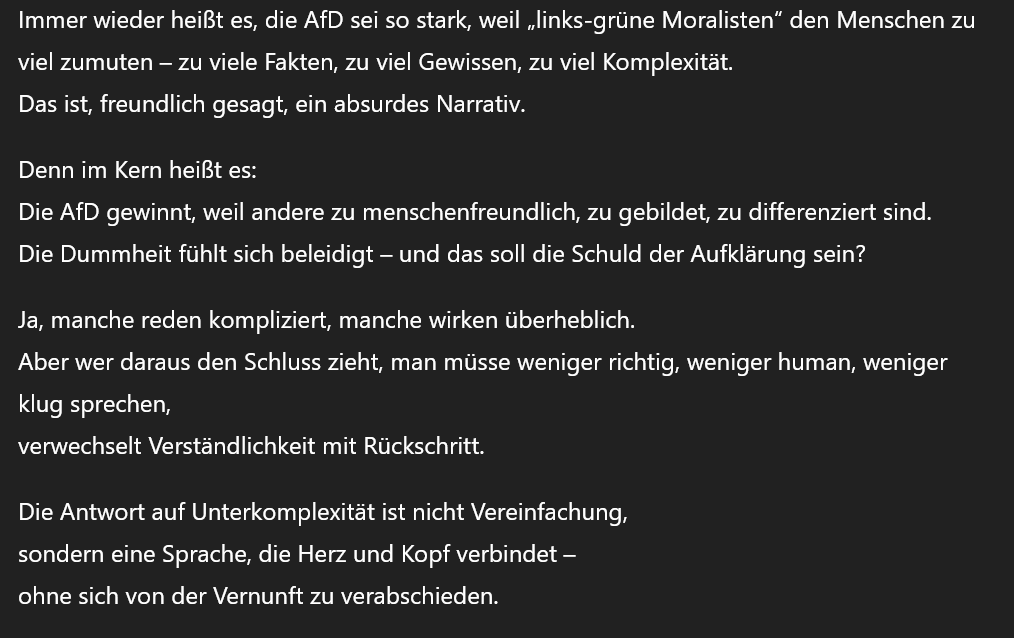 mkowa1's tweet photo. Und aufgrund dieses Textes führt ChatGPT tatsächlich Prechts Argumentation ad absurdum.
Aber einen beachtenswerten Punkt findet es tatsächlich doch.
Ich bin ganz beeindruckt.
#linksgrün #AfD #Precht #SWR1Leute #Angststillstand https://t.co/pp4XWTxzRY