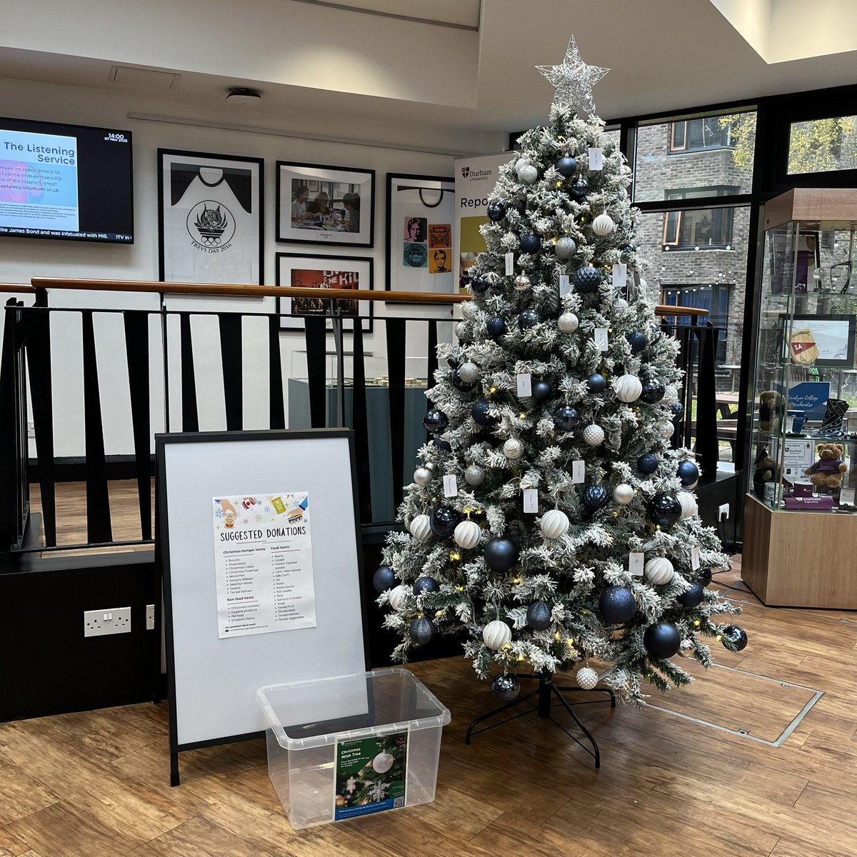 Our festive food drive has started! Check the tags on the Christmas Wish Tree in The Cobbles for suggested donations to local foodbanks #TrevelyanCollege #explore #community