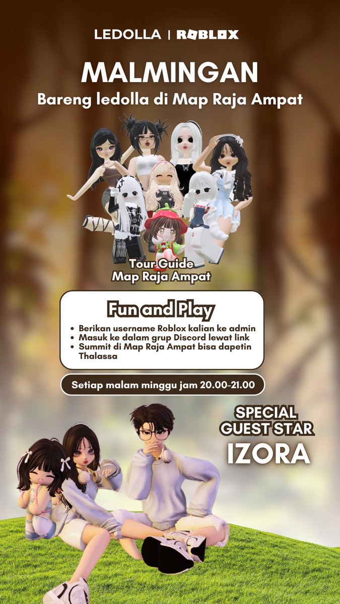 ledollaid's tweet photo. FREE MULTIMIST menunggu kalian di acara MALMINGAN BARENG LEDOLLA nih! 
Kasih id roblox kalian sekarang ke chat discord https://t.co/mgz0tVL34n buat ikutan eventnya. Ada IZORA jg loh! 🫶 https://t.co/gUeWGh2WMK