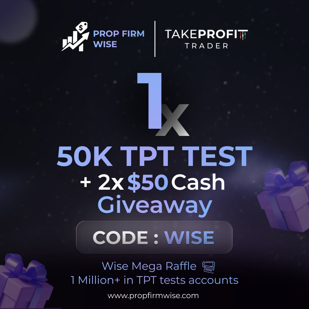 propfirmwise's tweet photo. 🎁 GIVEAWAY TIME

1x 50K @TakeProfitLLC Test  
2x $50 Cash

1. Join our Discord (link in bio)
2. Retweet This Tweet

Winners will be announced in our Discord within 48 hours! https://t.co/mcOpJ2aTVS