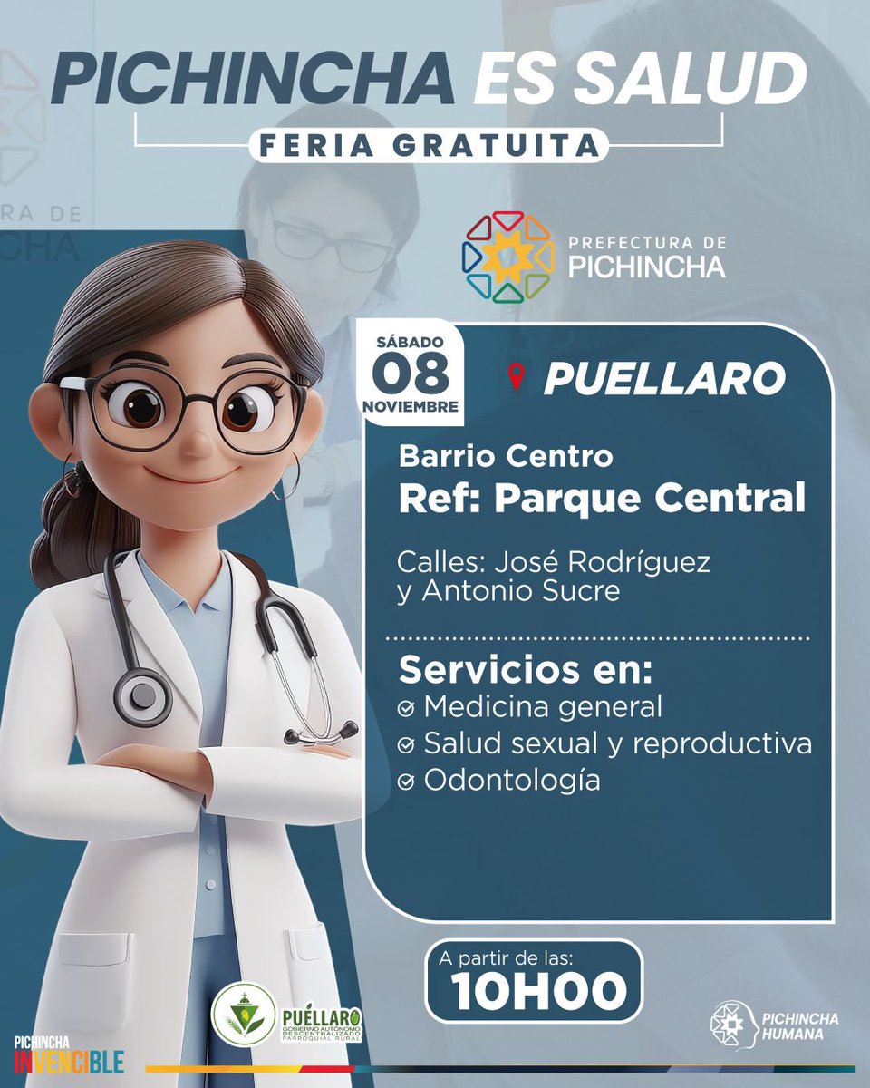¿Cuándo fue la última vez que dedicaste un momento para cuidar tu salud? 🤔
 
 Este sábado 8 de noviembre, desde las 10h00, la feria #PichinchaEsSalud llega a #Puéllaro con atención totalmente GRATUITA. 🩺💚
 
 📋 Servicios disponibles:
 
 ✅ Medicina general
 ✅ Salud sexual y
