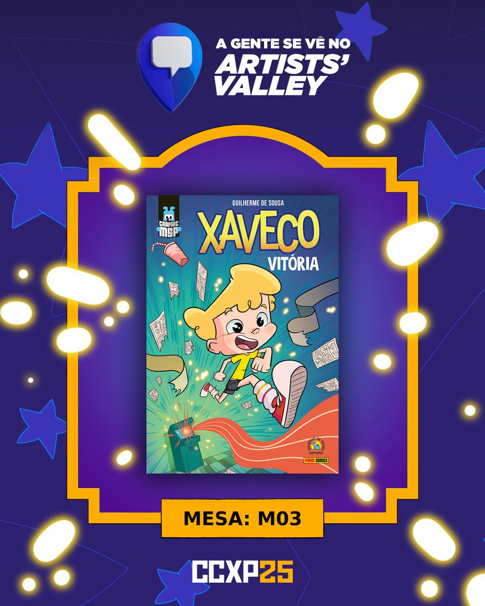 guidesousa_'s tweet photo. CCXP 2025!
Eu, todo serelepe, estarei recebendo todos na mesa M03 do Artists Valley. Passa lá pra garantir seu exemplar da Graphic MSP Xaveco: Vitória, do novo MSP 90, da série A Última Bailarina, de Monstros Não Dizem Adeus, Trabalho de Ciências...😉 https://t.co/zR2kGtUaUu
