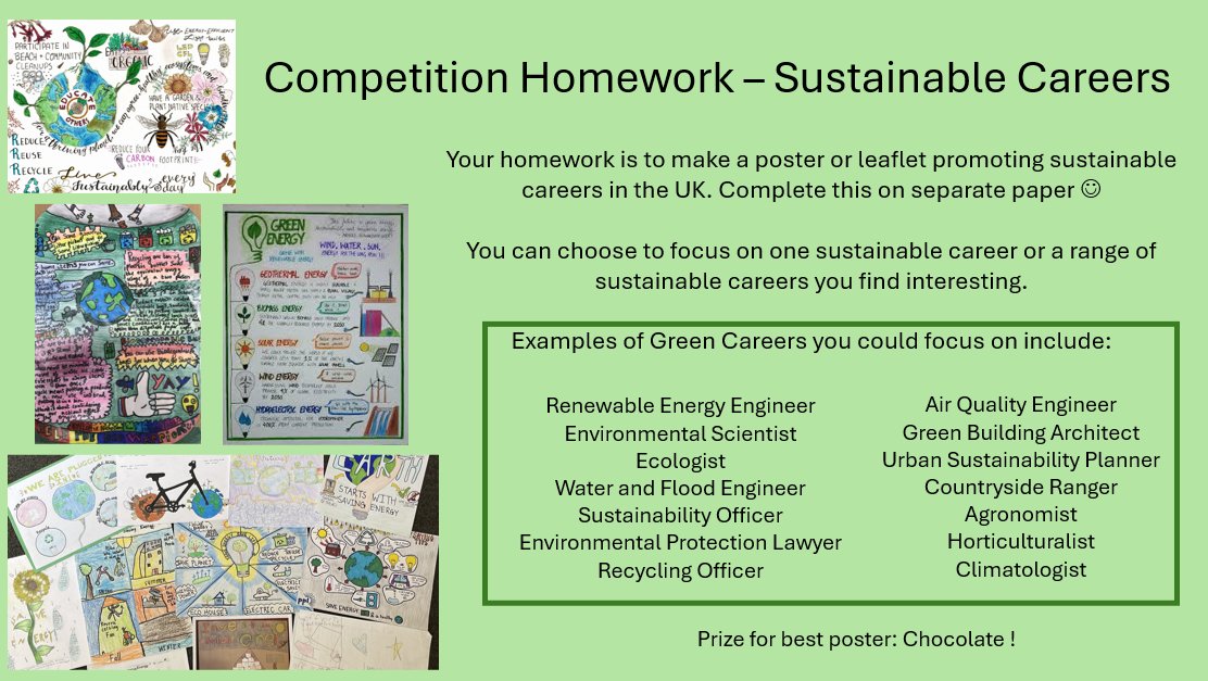🌿 Science Green Careers Week Homework Competition! 🌿
Design a Green Careers poster showing how science helps our planet 🌍💡
Think of roles like renewable energy engineer, marine biologist, or environmental scientist — and you could win chocolate! 🍫