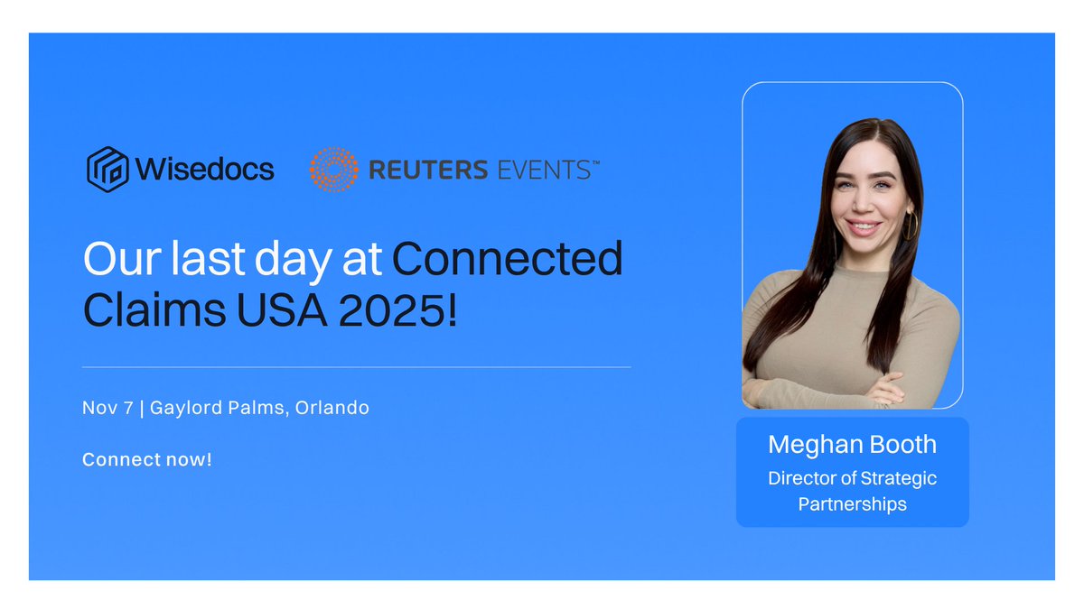 Wisedocsai's tweet image. Day two at #CCUSA 2025!

Still time to connect with Meghan Booth in Orlando and talk about human-validated #AI for faster, confident claims work

📍 Gaylord Palms
📅 November 7

Book a meeting 👉 hubs.ly/Q03QYHst0

#Wisedocs #ConnectedClaims #Insurtech