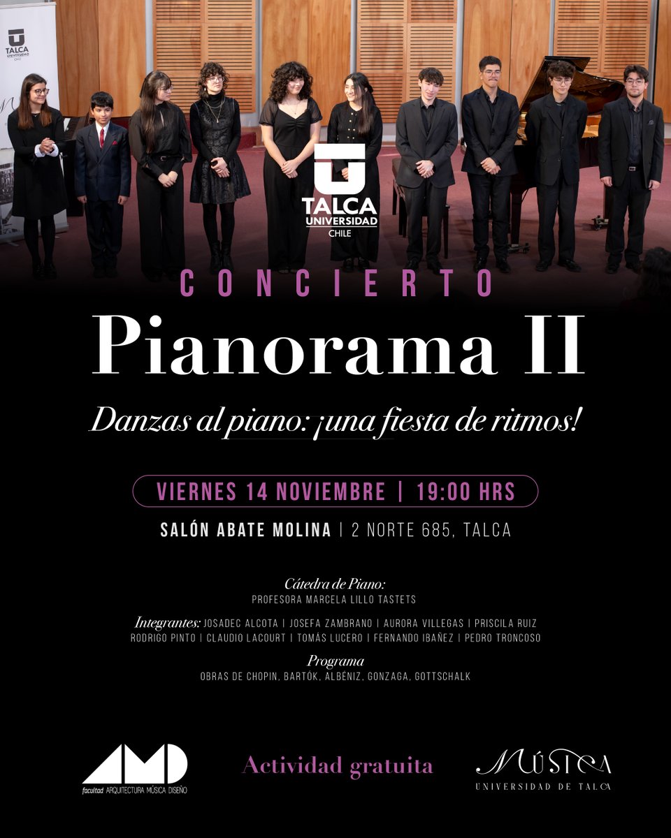 Concierto de piano "Pianorama II"

📅 Viernes 14 de noviembre 2025
📍 Salón Abate Molina (2 Norte 685, Talca)
⏰ 19:00 h
✅ Actividad gratuita y liberada

#MúsicaUTalca
#UTalca