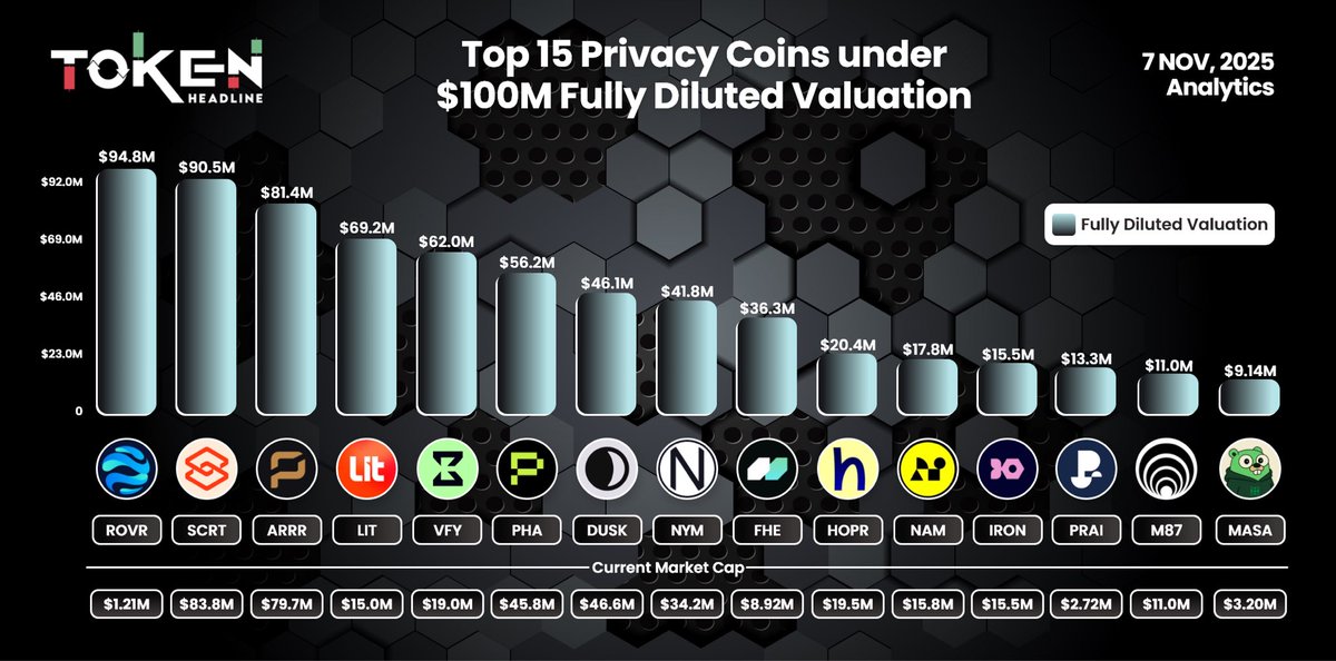 Top 15 Privacy Coins under $100M Fully Diluted Valuation 🕵️‍♂️🔒 (7 Nov, 2025)

➔ $ROVR $94.8M
➔ $SCRT $90.5M
➔ $ARRR $81.4M
➔ $LIT $69.2M
➔ $VFY $62.0M
➔ $PHA $56.2M
➔ $DUSK $46.1M
➔ $NYM $41.8M
➔ $FHE $36.3M
➔ $HOPR $20.4M
➔ $NAM $17.8M
➔ $IRON $15.5M
➔ $PRAI $13.3M