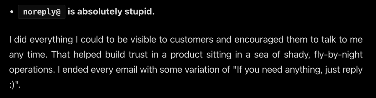 Reason #878,382 why I love the internet...

Buried deep in a guy's personal website, within reflections on going to prison, is genuinely good &amp; tactical advice on growing a B2C startup, including my favorite...  let's all please kill noreply@

prison.josh.mn/lessons / <a href="/joshmn/">joshmn</a>