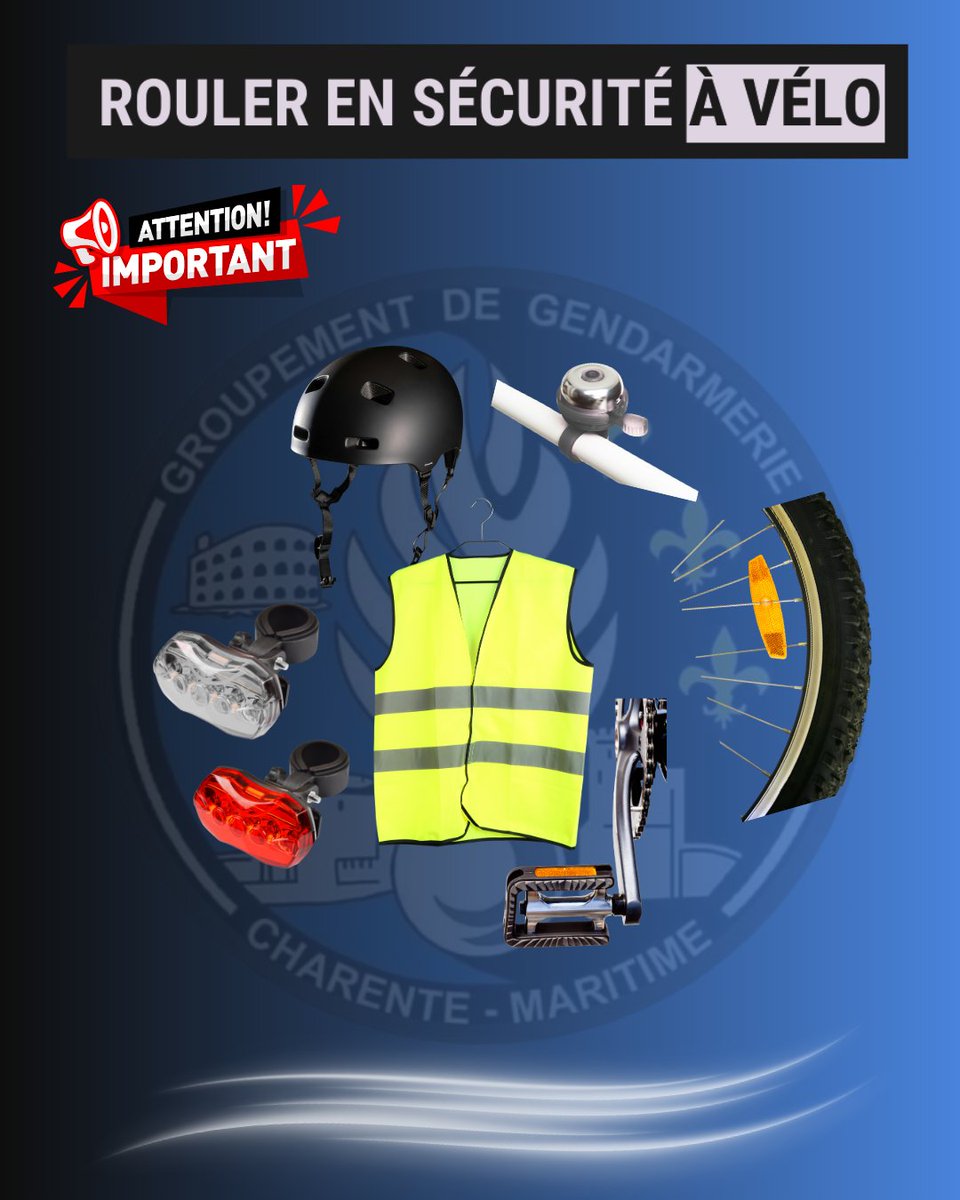 🚴‍♀️ Avant de partir à vélo, pensez à votre sécurité !

Casque (obligatoire -12 ans), gilet réfléchissant, feux, sonnette et pneus en bon état.
Bien équipé = accident évité 👍.

Partageons la route en toute sécurité 😁.

#SécuritéRoutière #Vélo #Prévention #Gendarmerie17