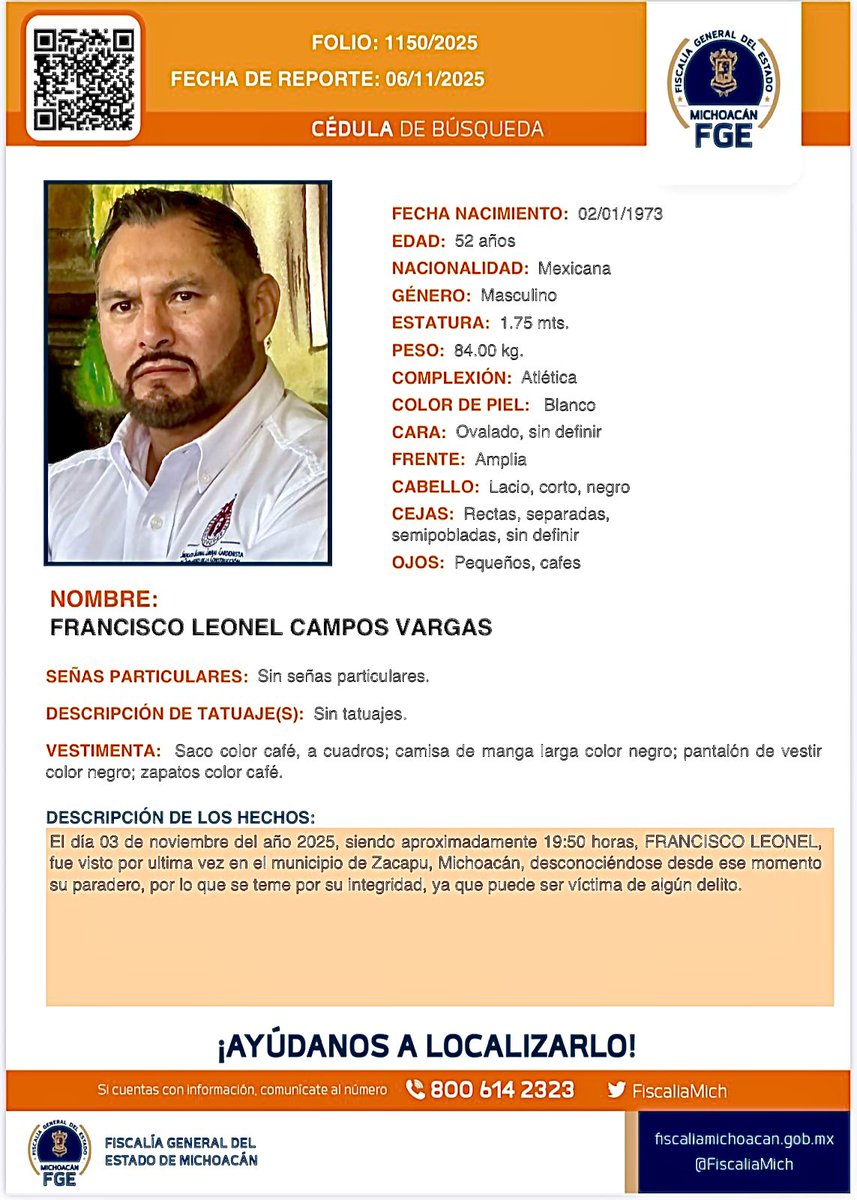 oscarsolorzan01's tweet photo. Exigimos la aparición pronta del Compañero Francisco Leonel Campos , miembro de la Directiva del Sindicato Nacional Liberal Cardenista !. 
@SEGOB_mx @SEMAR_mx @Defensamx1 @ARBedolla @sspmichoacan 
Pedimos su ayuda Señora Presidenta @Claudiashein  y a nuestro querido @OHarfuch https://t.co/5e6zUWwvS4