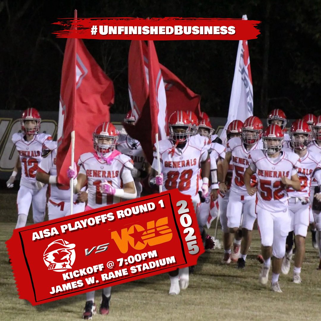 ACAGeneralsAth's tweet image. 🏈GAMEDAY‼️

The road to the championship starts TONIGHT. Round 1 of the playoffs are here — all gas, no brakes. 🔥

📍 James W. Rane
🕖 Kickoff @ 7:00pm
🆚 Monroe Academy
🎯 HANDLE BUSINESS

#PlayoffMode #Round1 #FinishTheJob #ODB 🔴⚪️⚔️