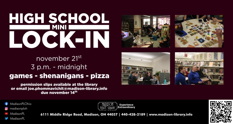 Grades 9-12: Join friends for games and pizza! Sign up by Nov 14 or the event gets canceled. Permission slips available from Oct 7. Parents will be contacted before the lock-in. Sign up: ow.ly/j1U450XhK3E
