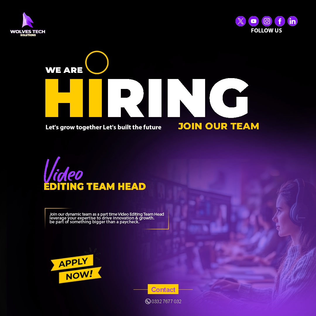 WolvesSolution's tweet image. WOLVES TECH SOLUTION is looking for a creative Part-Time Video Editing Team Head to lead our video production efforts and inspire our editing team. This is your opportunity to shape our visual narrative, mentor emerging talent, and ensure every frame tells our story