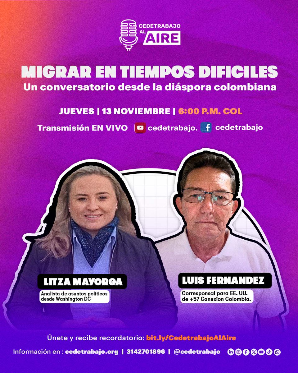 🚨 𝗘𝗩𝗘𝗡𝗧𝗢 | Migrar en tiempos difíciles: ¿Quién protege a los colombianos?

✅ ¿Quién defiende a los colombianos en #EEUU frente a las deportaciones masivas del gobierno #Trump?

🗓️ Jueves 13 de noviembre.
⏰ 6:00 p. m.
💻 Míralo en youtube.com/live/AYO_OTej8…