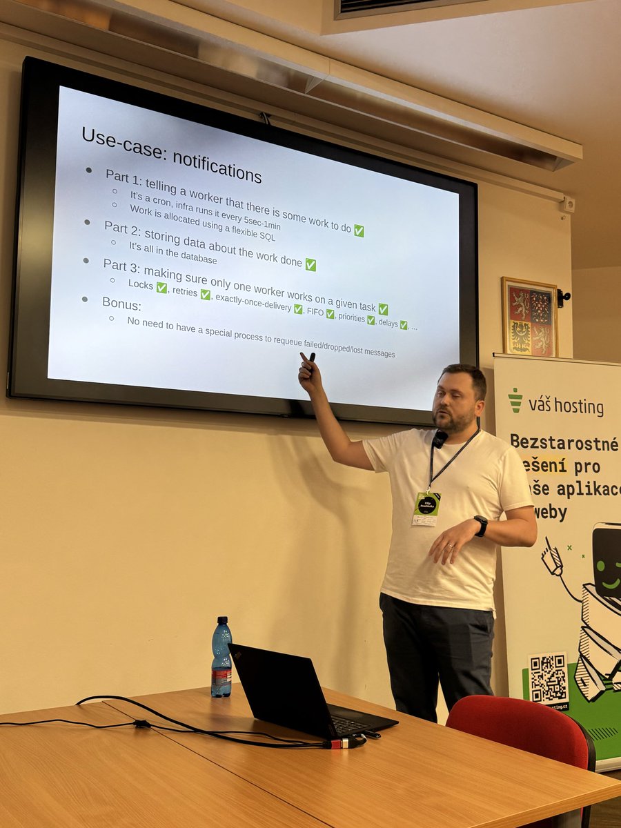 Mozna vubec nepotrebujete Rabbit, Redis, Kafka. Ale jenom strejdu <a href="/PostgreSQL/">PostgreSQL</a> by <a href="/ProchazkaFilip/">Filip Procházka</a> na <a href="/techmeetupcz/">TechMeetup Ostrava</a> na <a href="/PHPliveOstrava/">Konference php.live</a>.